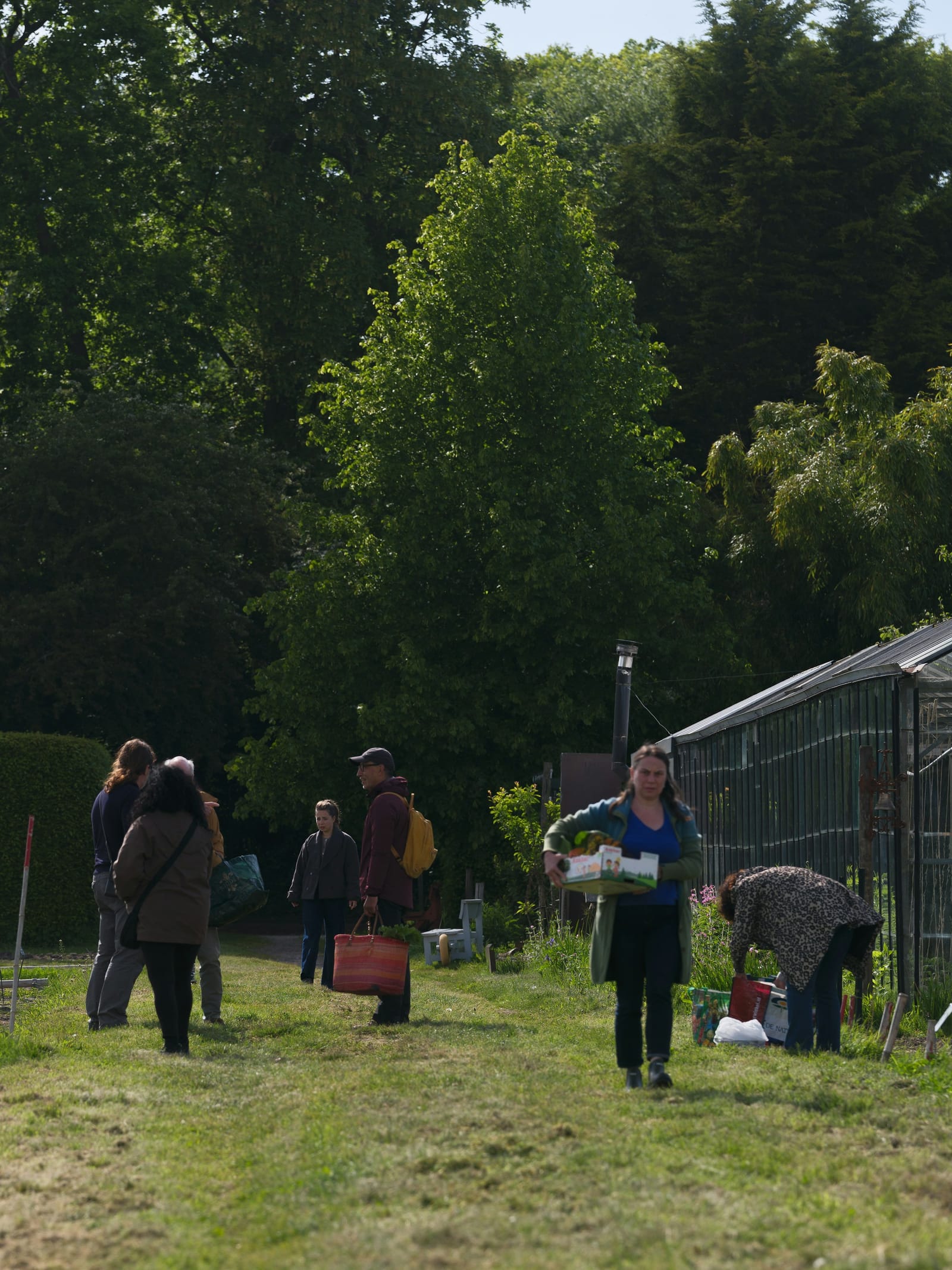 Residents moving through a public market and neighborhood gathering space